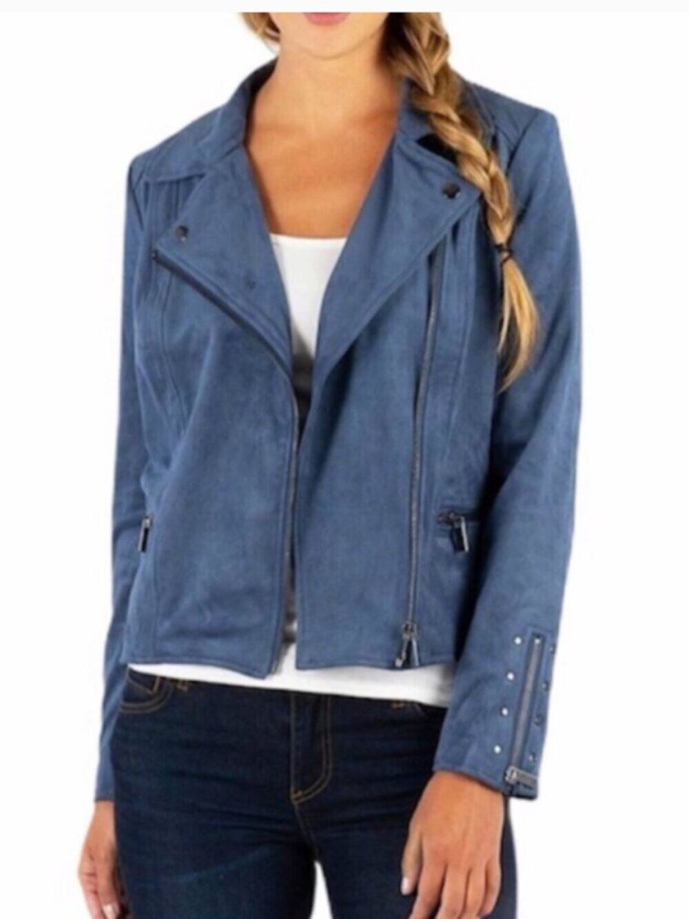 Kut From The Kloth Quinn Blue Faux Suede Moto Jacket – Style K327401 Size XL